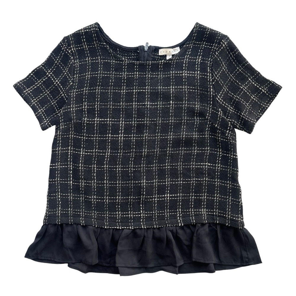 Promesa Womens S Black Tan Plaid Short Sleeve Ruffle Hem Woven Tweed Crop Blouse